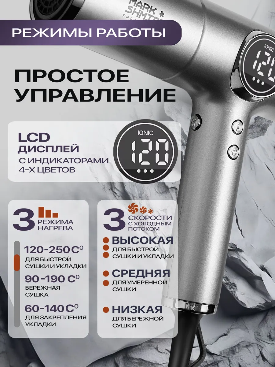 Фен Mark Shmidt Hyper Flow 701, 2200W, Ionic, серый
