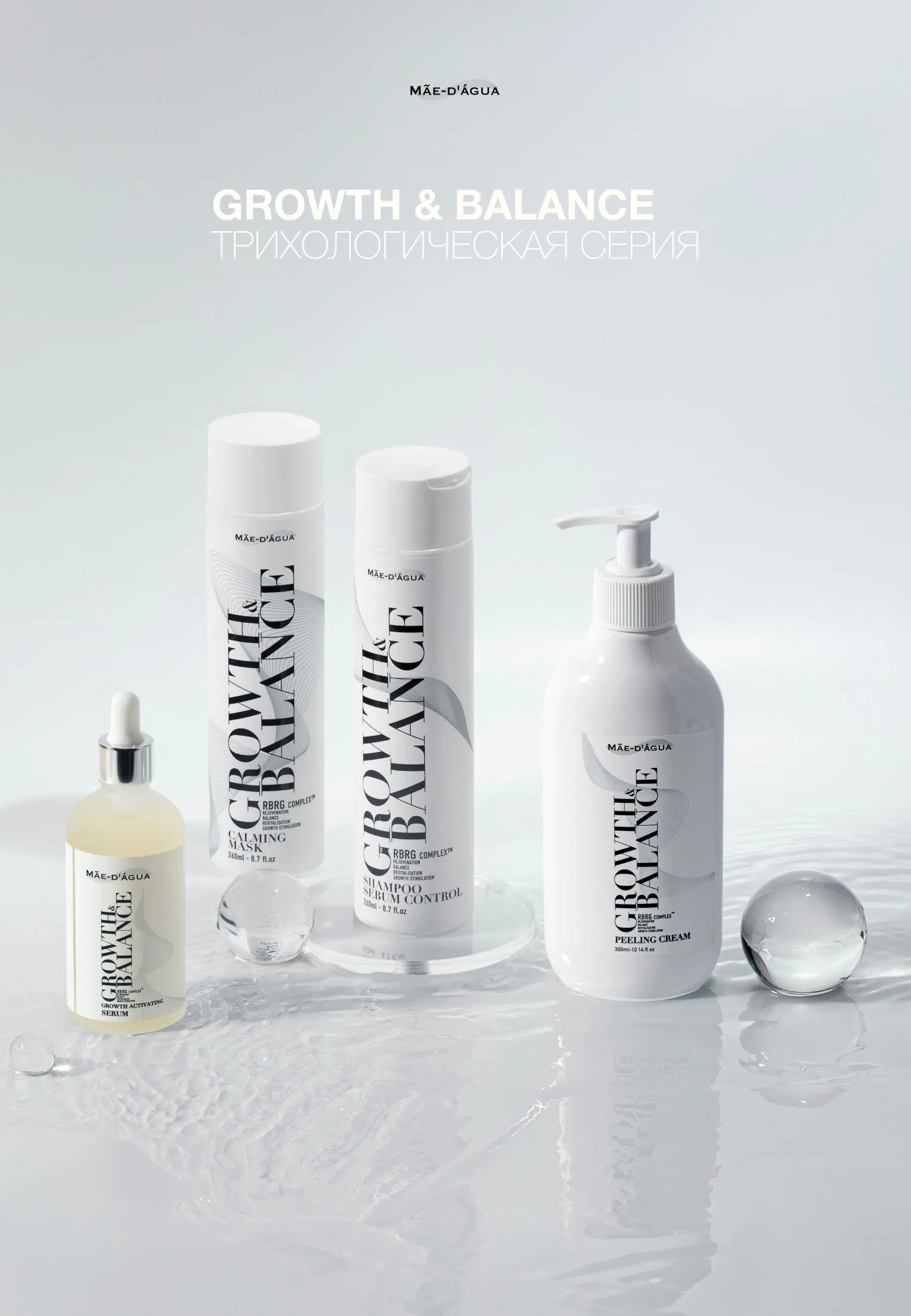 Набор для ухода за кожей головы MAE D'AGUA Growth&Balance, 260/300/260/100 мл