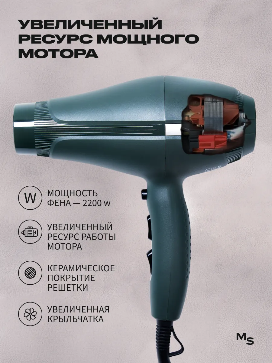 Фен для волос Mark Shmidt 2200 W, ionic ceramic, зелёный